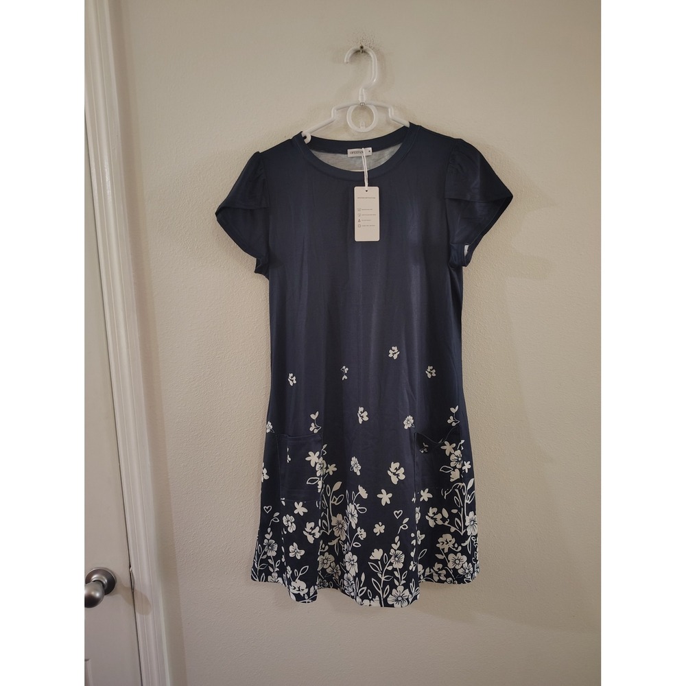 Ofeefan Navy Blue Floral Border Print T-Shirt Dress with Pockets Size Medium NWT